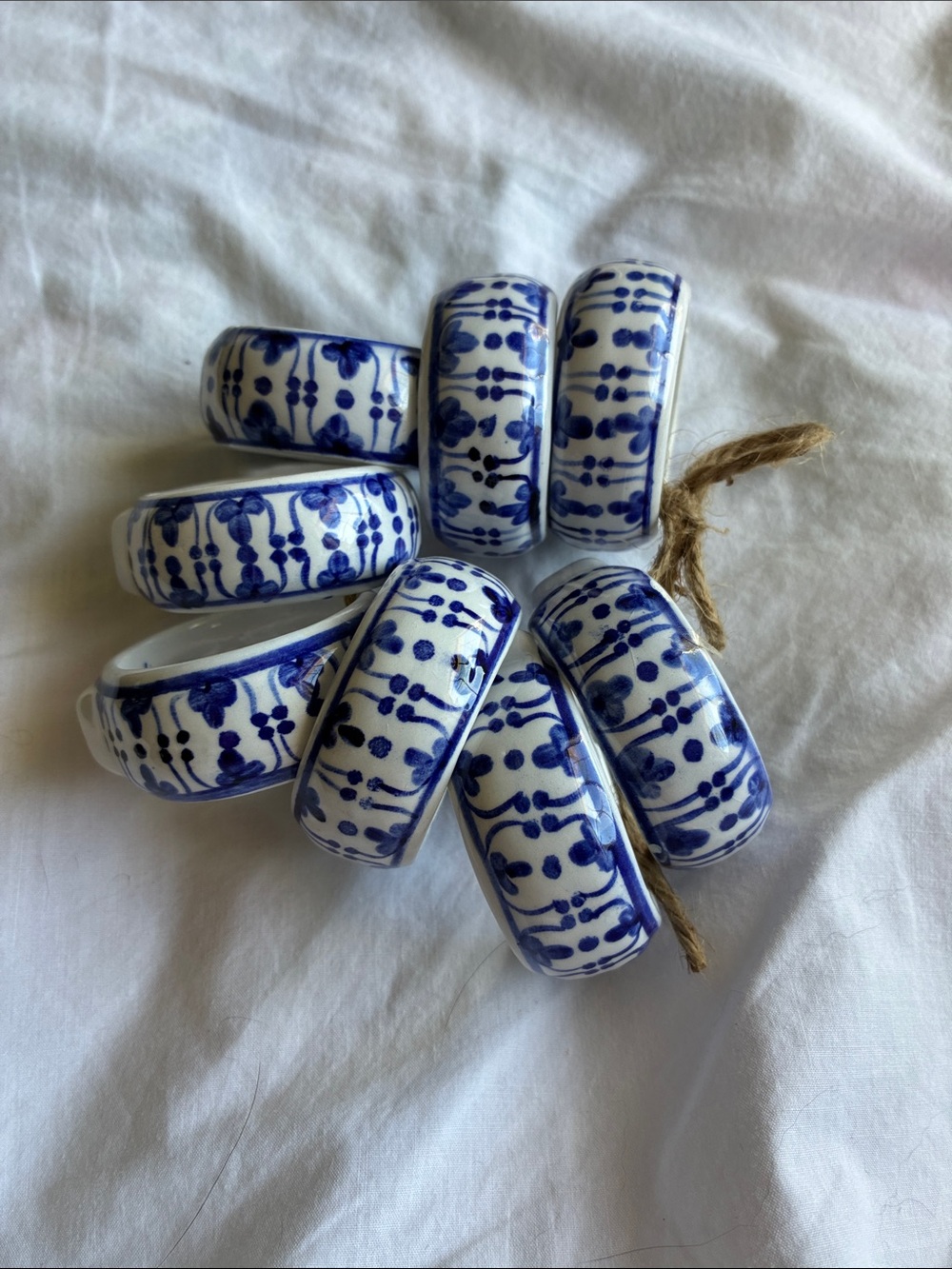 Blue and White Ceramic Napkin Rings - Hand-Painted Floral Set of 8